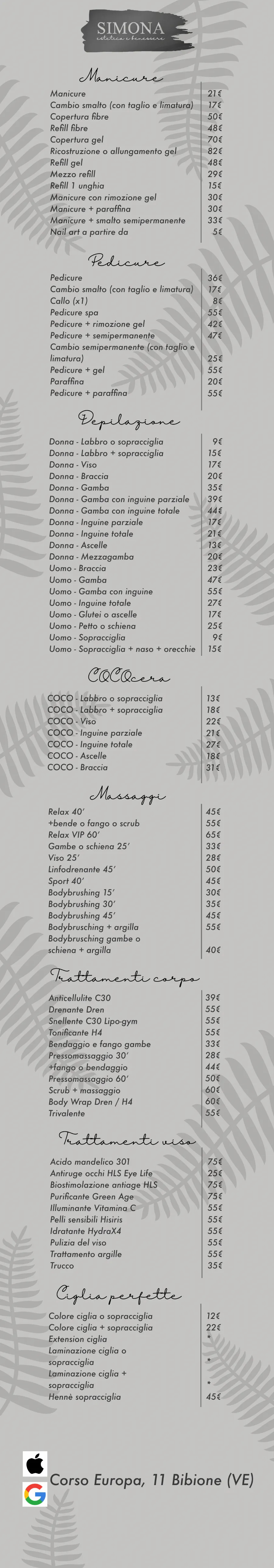 Listino online : Menu Listino Centro Estetico Simona Bibione Centro Estetico Simona San Michele al Tagliamento